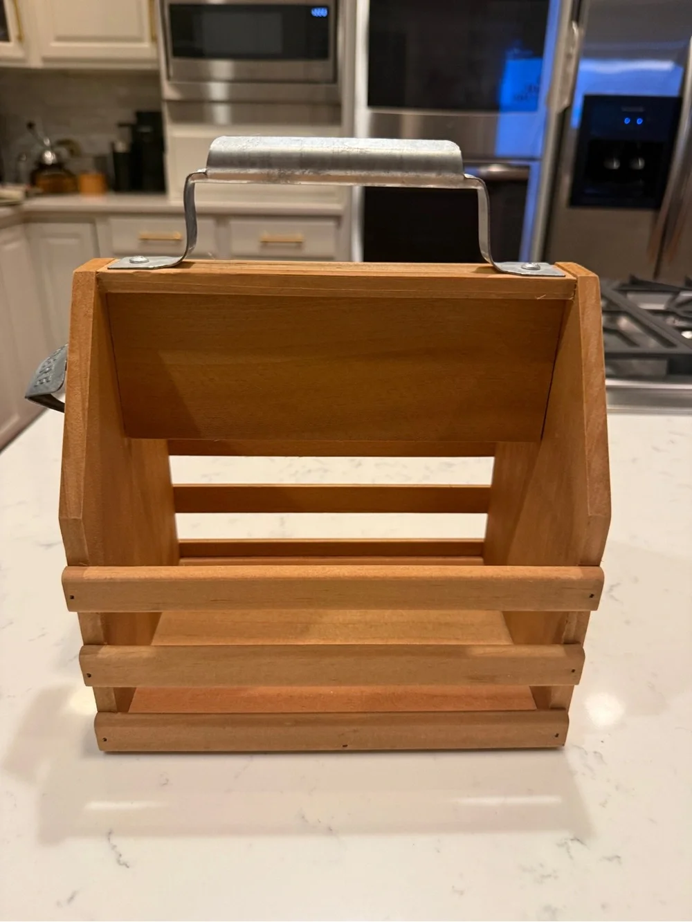 Rustic Wooden Beer Bottle Caddy Carrier w/ Metal Bottle Opener Handle